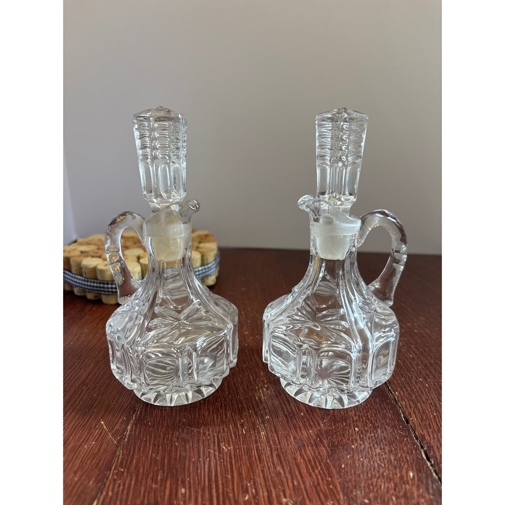 Vintage Clear Pressed Glass Cruet Set with Stoppers Oil and Vinegar Dispensers